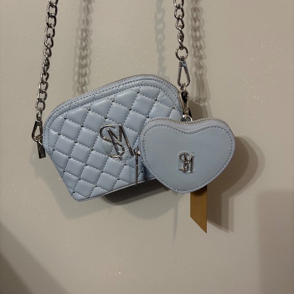 NWT Steve Madden Crossbody Bag Light Blue Quilted Heart Coin Purse - Picture 1 of 7